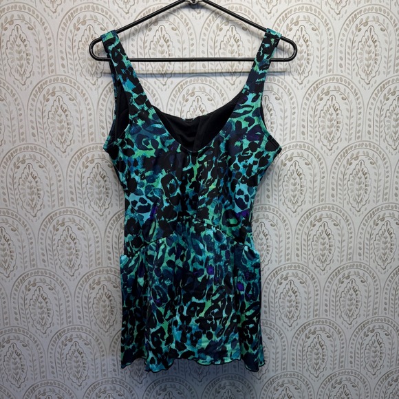 BN Classic Teal Blue Leopard Print Swim Dress One Piece Swimsuit Plus Size 18W - Picture 2 of 8